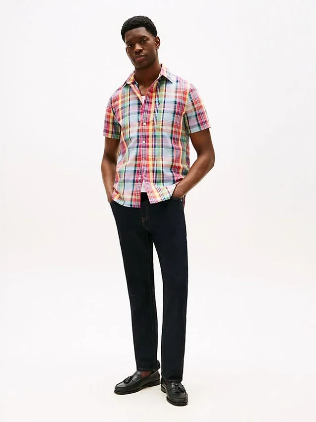 Camisa Madras de mezcla de lino de corte regular Camisa Madras de mezcla de lino de corte regular