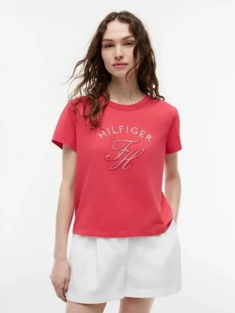 Camiseta con monograma en letra cursiva y estampado de cuadros vichy
