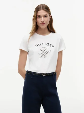 Camiseta con monograma en letra cursiva y estampado de cuadros vichy