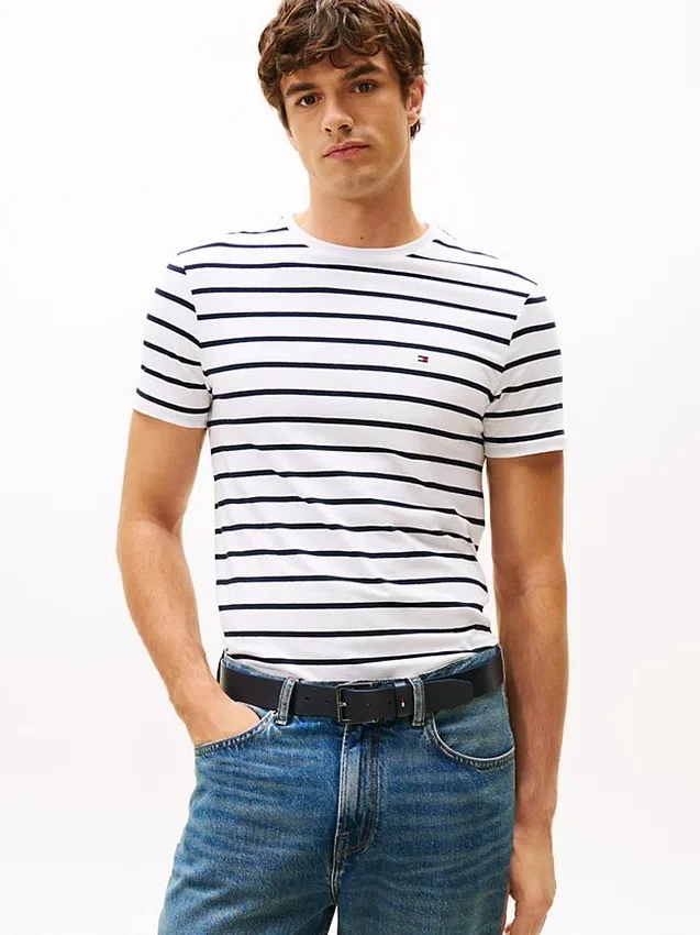 Camiseta de algodón elástico con rayas extra ajustada Camiseta de algodón elástico con rayas extra ajustada