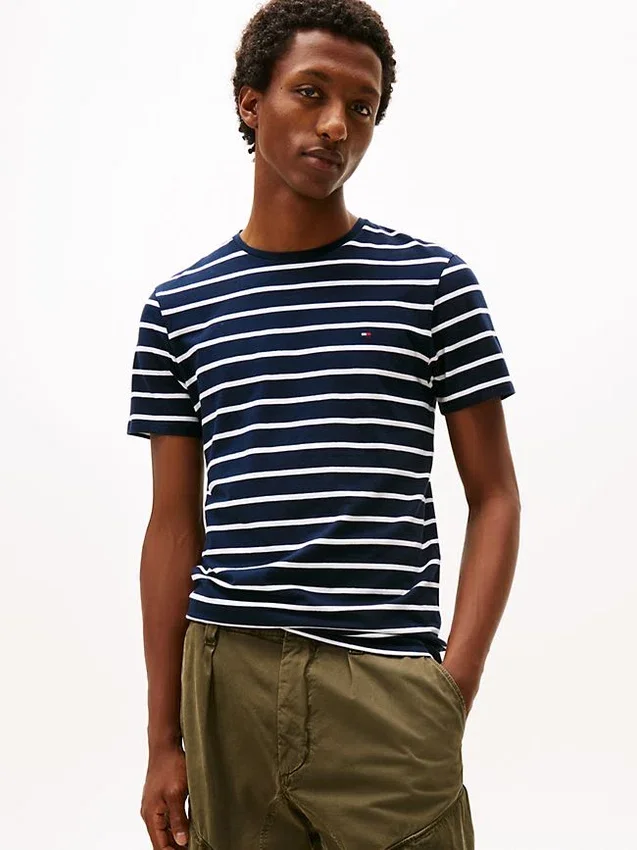 Camiseta de algodón elástico con rayas extra ajustada Camiseta de algodón elástico con rayas extra ajustada