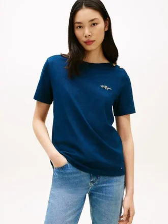 Camiseta de algodón interlock con botones dorados