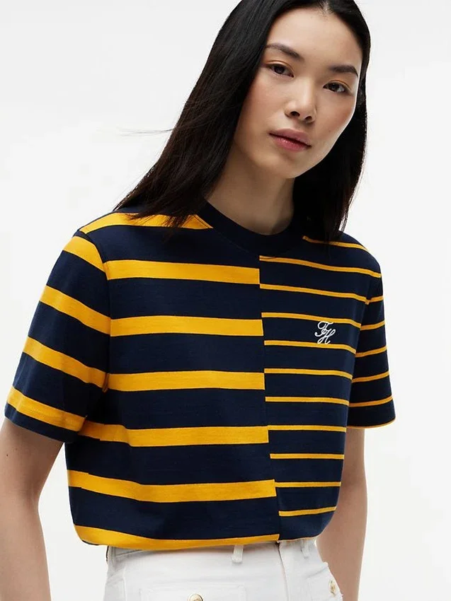 Camiseta de corte holgado con rayas mixtas Camiseta de corte holgado con rayas mixtas