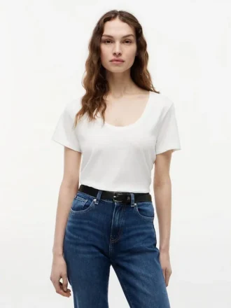 Camiseta de mezcla de lino con cuello redondo