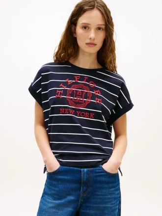 Camiseta de rayas con logotipo en arco y mangas dolman