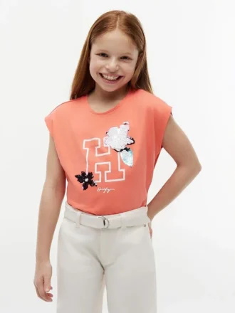 Camiseta infantil con logo floral de lentejuelas
