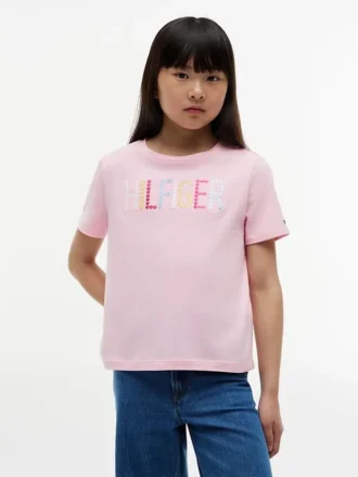 Camiseta infantil con logo Hilfiger de lentejuelas