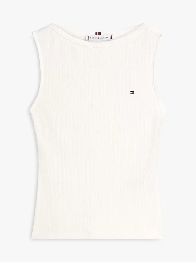 Camiseta sin mangas de cuello barco de punto acanalado y corte entallado Camiseta sin mangas de cuello barco de punto acanalado y corte entallado