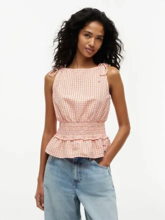 Camiseta sin mangas de seersucker a cuadros vichy con fruncidos