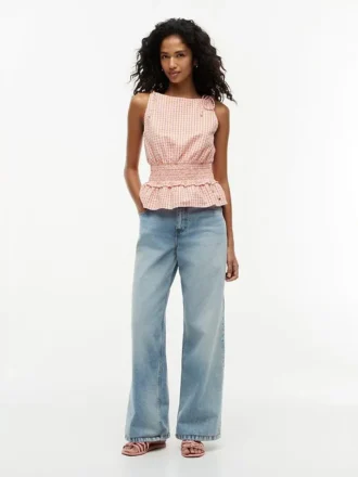 Camiseta sin mangas de seersucker a cuadros vichy con fruncidos