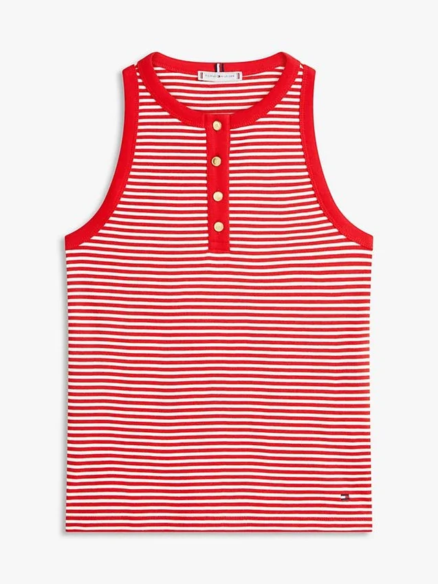 Camiseta sin mangas Henley a rayas con botones dorados Camiseta sin mangas Henley a rayas con botones dorados