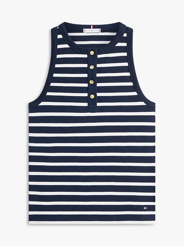 Camiseta sin mangas Henley a rayas con botones dorados Camiseta sin mangas Henley a rayas con botones dorados