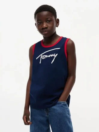 Camiseta sin mangas para niños con el logotipo de Tommy en letra cursiva