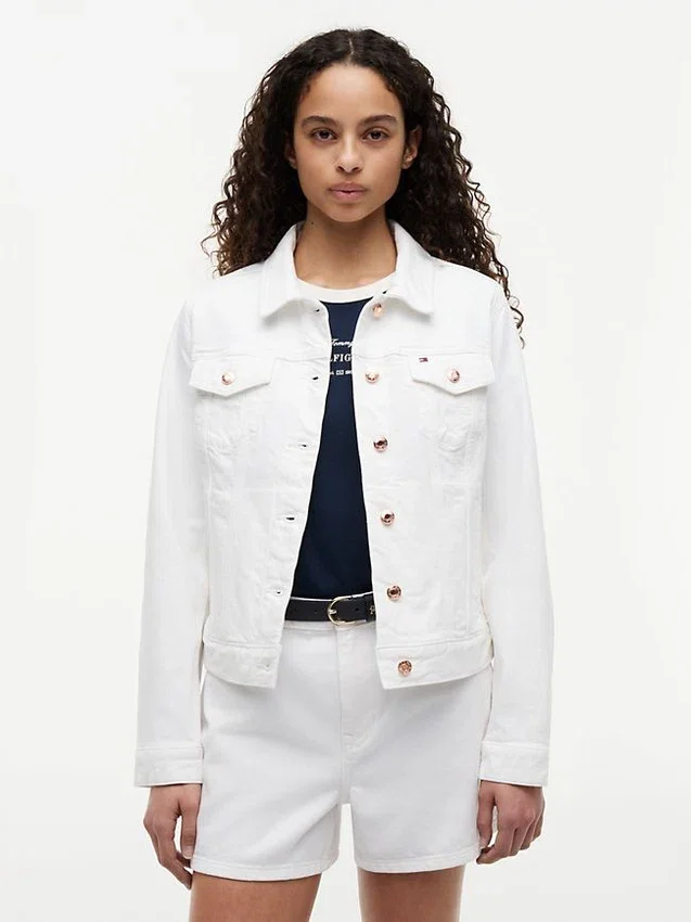 Chaqueta de denim elástico blanco de corte ajustado Chaqueta de denim elástico blanco de corte ajustado