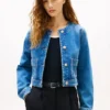 Chaqueta de mujer de denim lavado medio Chaqueta de mujer de denim lavado medio