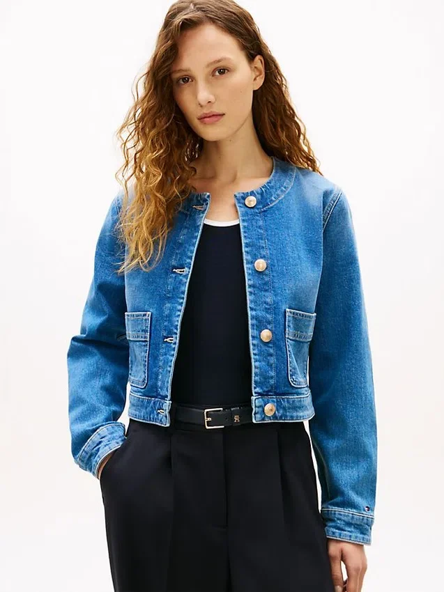 Chaqueta de mujer de denim lavado medio Chaqueta de mujer de denim lavado medio