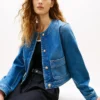 Chaqueta de mujer de denim lavado medio Chaqueta de mujer de denim lavado medio