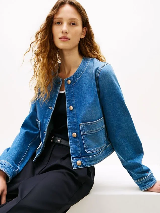 Chaqueta de mujer de denim lavado medio Chaqueta de mujer de denim lavado medio