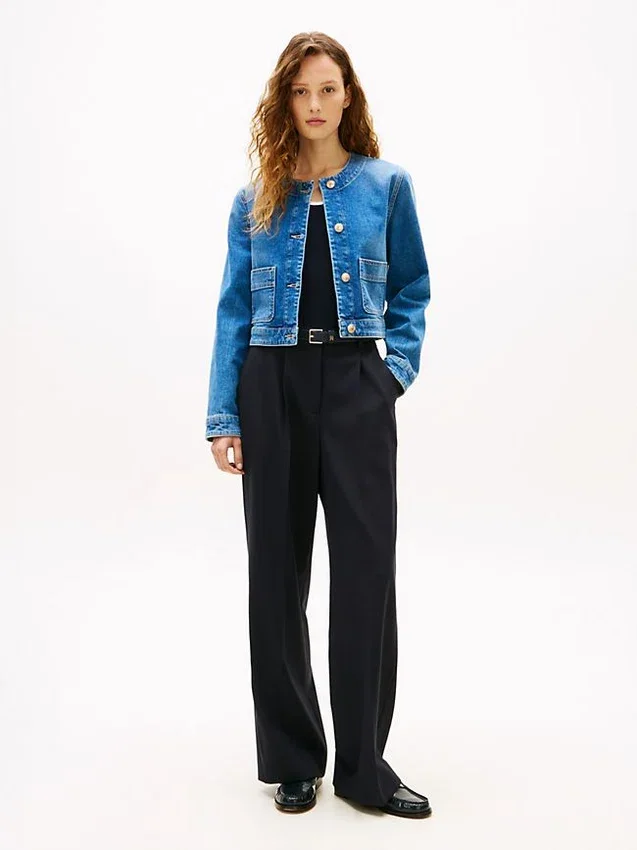 Chaqueta de mujer de denim lavado medio Chaqueta de mujer de denim lavado medio