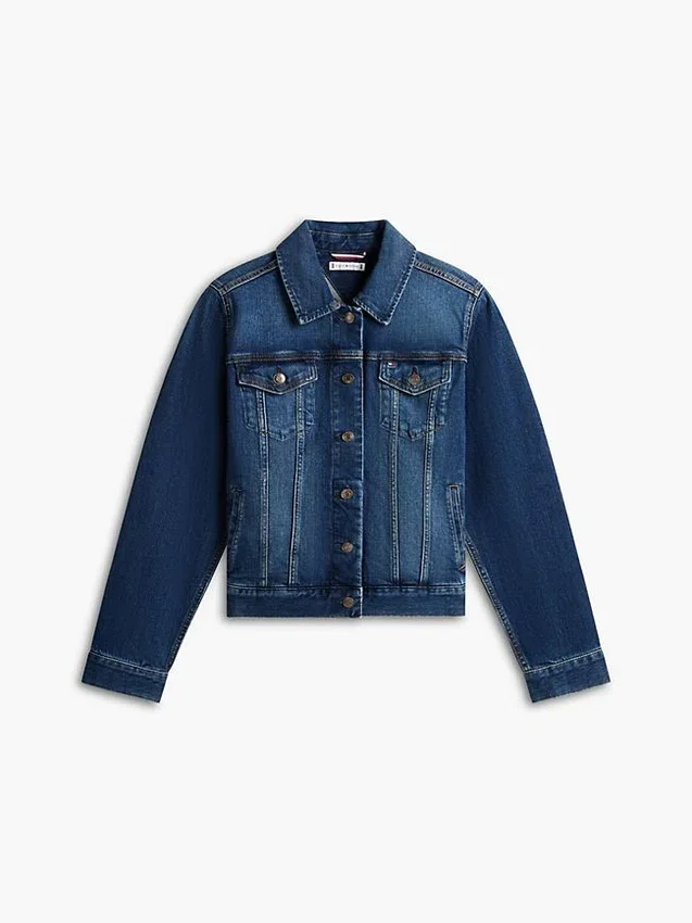 Chaqueta vaquera elástica de corte entallado y lavado oscuro Chaqueta vaquera elástica de corte entallado y lavado oscuro