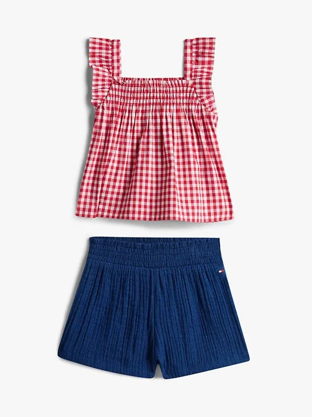 Conjunto de camiseta y pantalones cortos de cuadros vichy para bebés Conjunto de camiseta y pantalones cortos de cuadros vichy para bebés