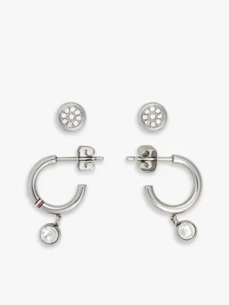 Conjunto de pendientes de aro y de botón con detalles de cristal