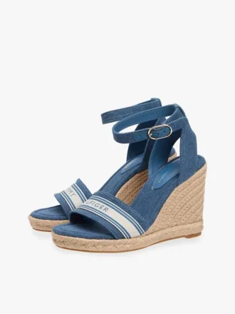 Espadrillas de cuña de denim con logotipo de cinta