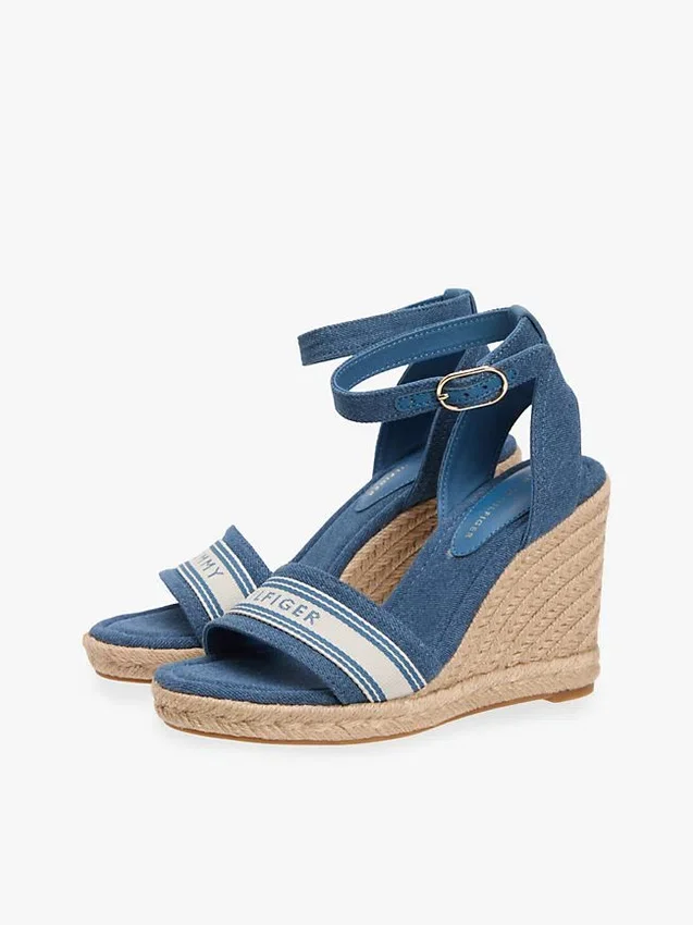 Espadrillas de cuña de denim con logotipo de cinta Espadrillas de cuña de denim con logotipo de cinta