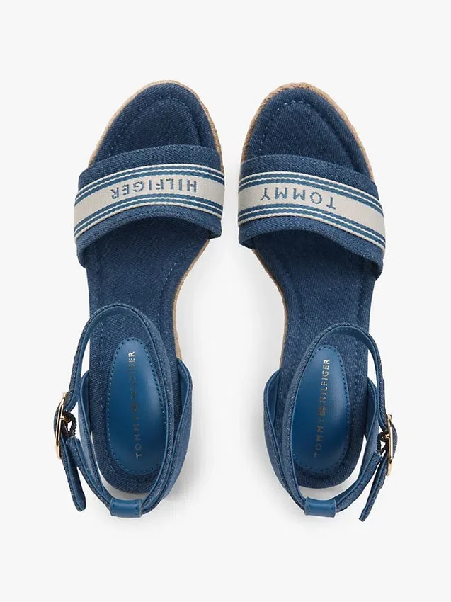 Espadrillas de cuña de denim con logotipo de cinta Espadrillas de cuña de denim con logotipo de cinta