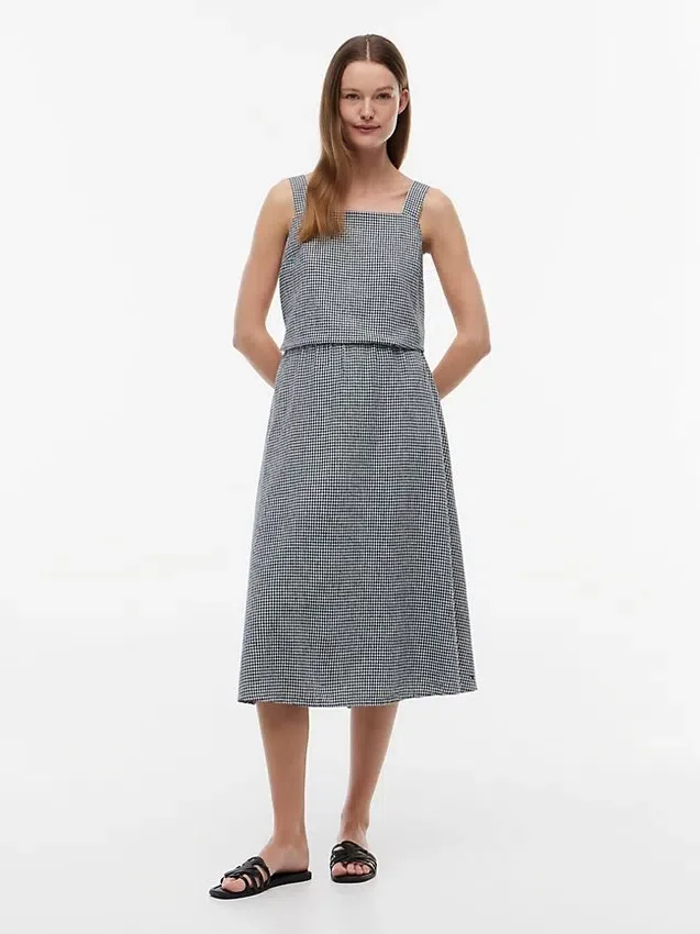 Falda midi de mezcla de lino con estampado de cuadros vichy Falda midi de mezcla de lino con estampado de cuadros vichy
