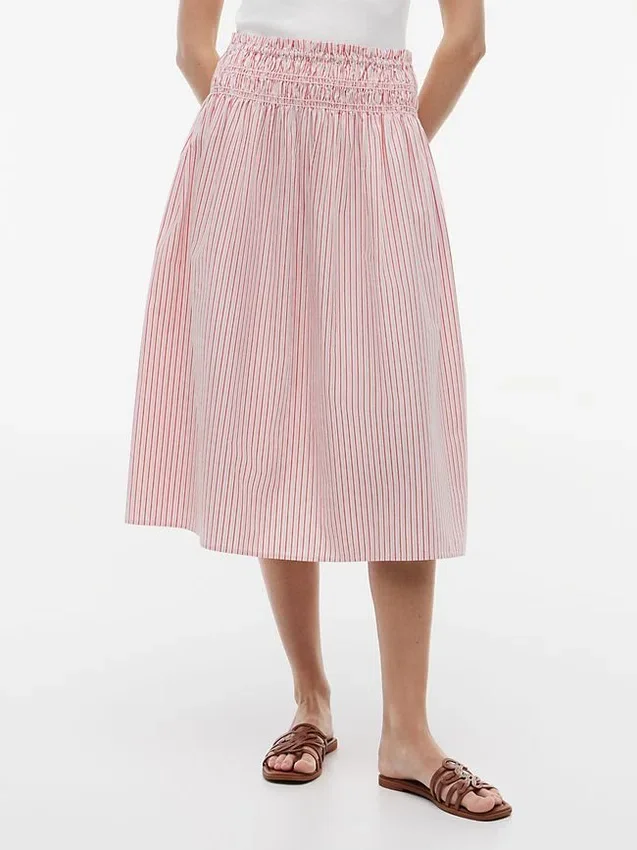 Falda midi de popelín fruncida a rayas Falda midi de popelín fruncida a rayas