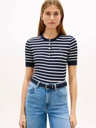 Jersey Henley de manga corta con rayas y punto trenzado