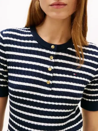 Jersey Henley de manga corta con rayas y punto trenzado