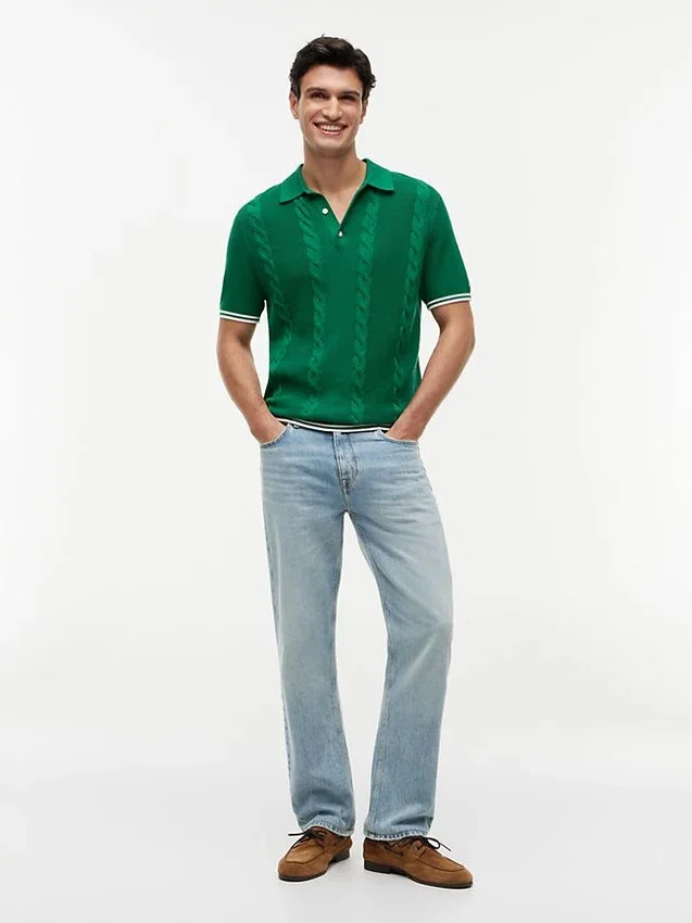Jersey polo de punto trenzado de manga corta Jersey polo de punto trenzado de manga corta