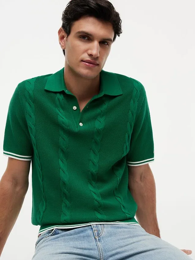 Jersey polo de punto trenzado de manga corta Jersey polo de punto trenzado de manga corta