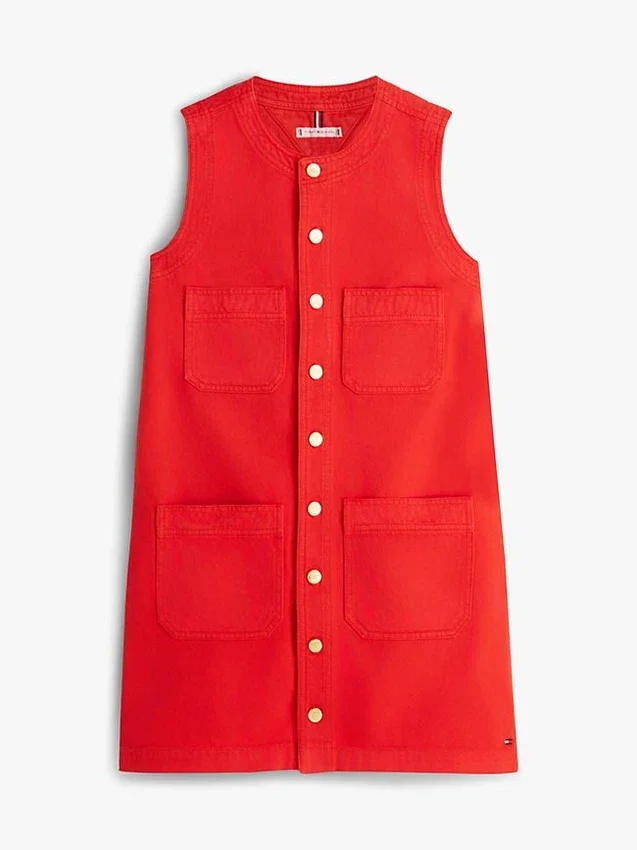 Minivestido recto de denim con bolsillos de parche Minivestido recto de denim con bolsillos de parche