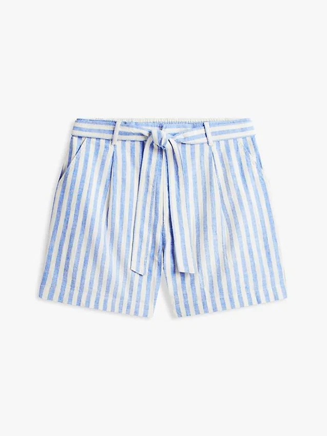 Pantalón corto de mezcla de lino a rayas con cinturón Pantalón corto de mezcla de lino a rayas con cinturón