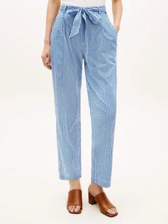 Pantalones cónicos de seersucker a cuadros vichy con cinturón