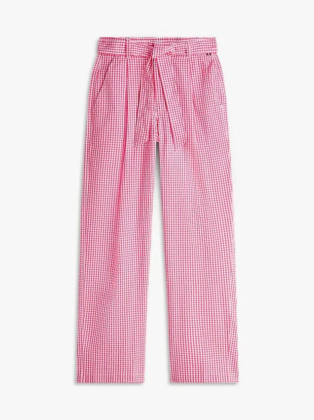 Pantalones cónicos de seersucker a cuadros vichy con cinturón Pantalones cónicos de seersucker a cuadros vichy con cinturón