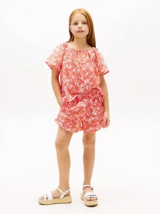 Pantalones cortos con volantes y estampado tropical para niña