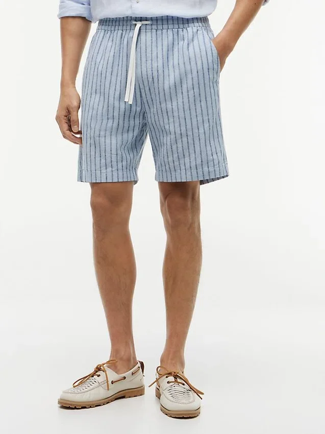 Pantalones cortos de 18 cm de mezcla de algodón y lino a rayas Pantalones cortos de 18 cm de mezcla de algodón y lino a rayas