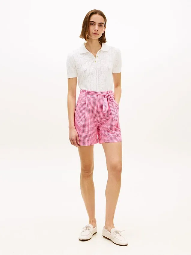 Pantalones cortos de seersucker a cuadros vichy con cinturón Pantalones cortos de seersucker a cuadros vichy con cinturón
