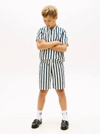 Pantalones cortos holgados de mezcla de lino a rayas para niño