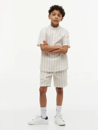 Pantalones cortos holgados de mezcla de lino a rayas para niño