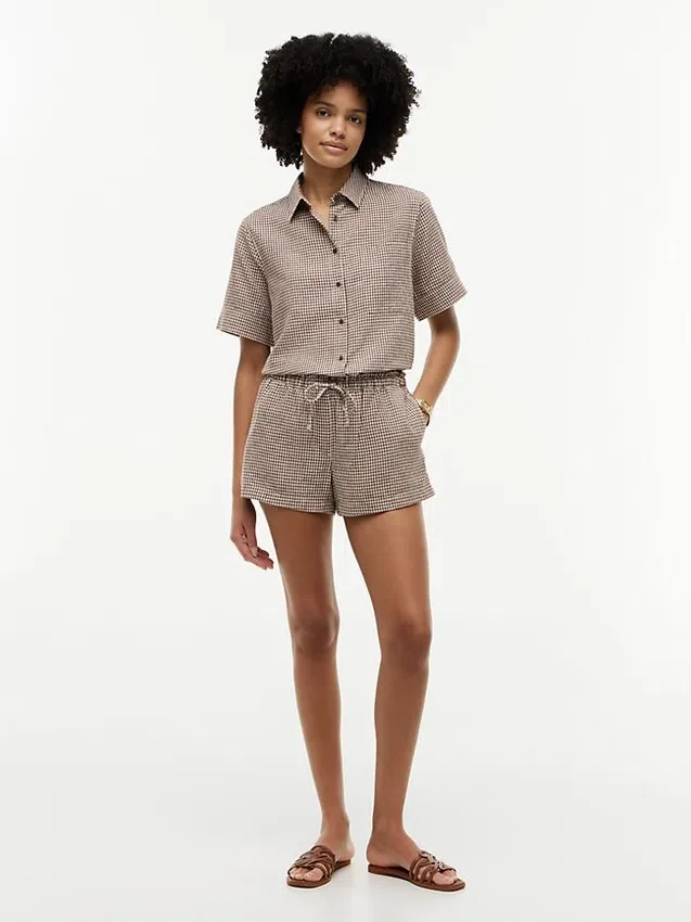 Pantalones cortos sin cremallera de mezcla de lino a cuadros vichy Pantalones cortos sin cremallera de mezcla de lino a cuadros vichy