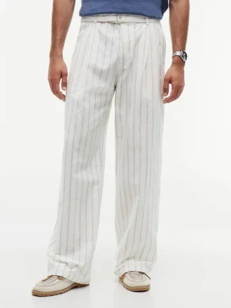 Pantalones de mezcla de algodón y lino a rayas con cinturón