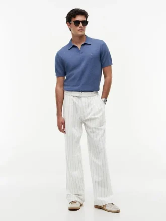 Pantalones de mezcla de algodón y lino a rayas con cinturón