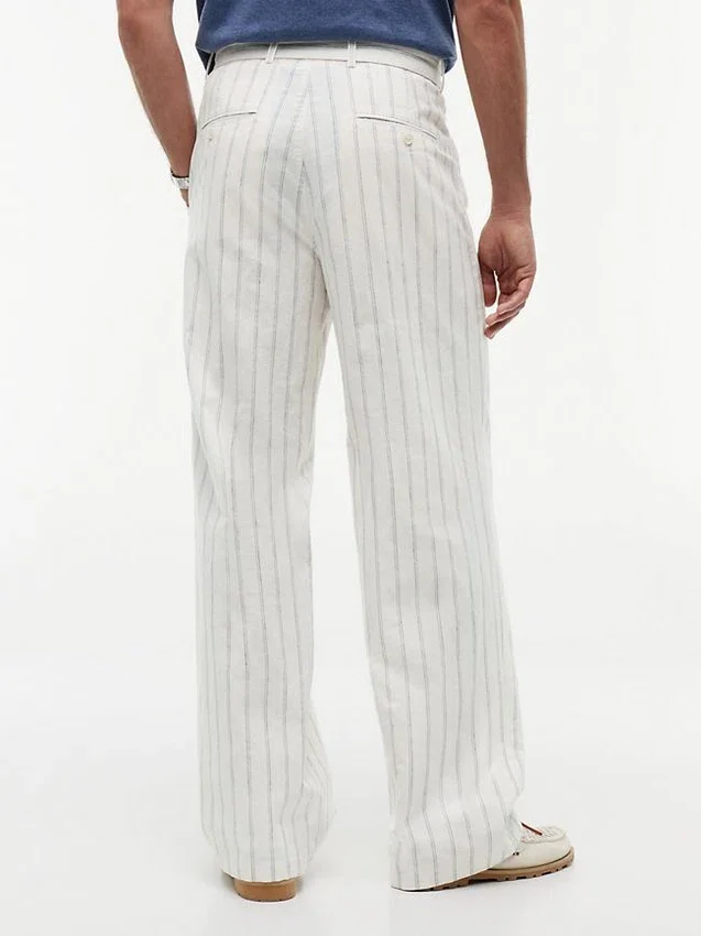 Pantalones de mezcla de algodón y lino a rayas con cinturón Pantalones de mezcla de algodón y lino a rayas con cinturón