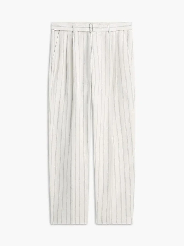 Pantalones de mezcla de algodón y lino a rayas con cinturón Pantalones de mezcla de algodón y lino a rayas con cinturón