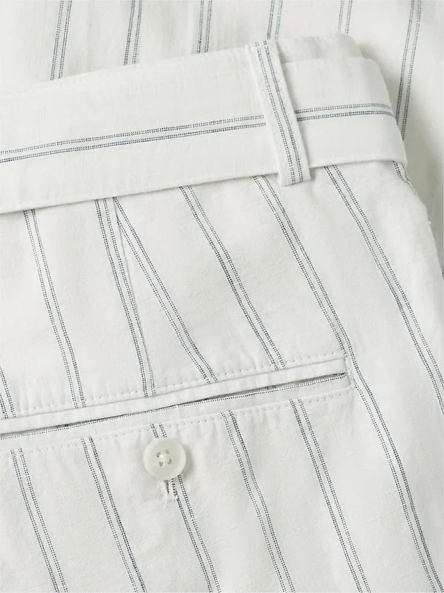 Pantalones de mezcla de algodón y lino a rayas con cinturón Pantalones de mezcla de algodón y lino a rayas con cinturón